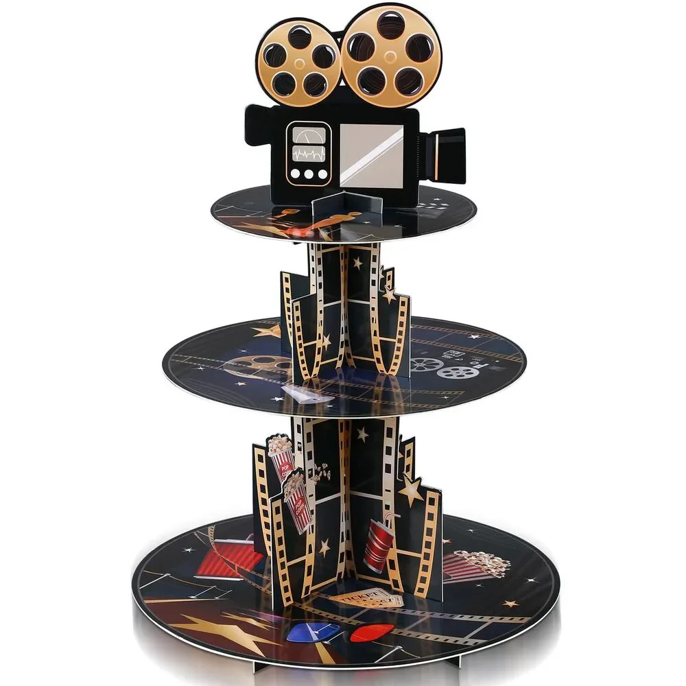 3 Tier Movie Night Party Decorations Cupcake Stand (Vintage Projector)